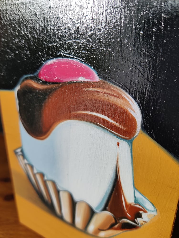 Image of 'Top Hat with Pink Smartie' Small oil on wood painting