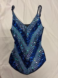 Image 1 of 2000s asymmetrical hem blue chevron sequin crochet cami top 