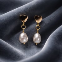 GOLD HEART STUD EARRING WITH A PEARL DROP DANGLE