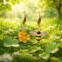 GOLD BEE AND HONEYCOMB EARRINGS WITH CZ BEE WINGS