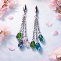 SILVER LONG CHAIN DANGLE EARRINGS WITH PINK, BLUE AND GREEN TEARDROPS