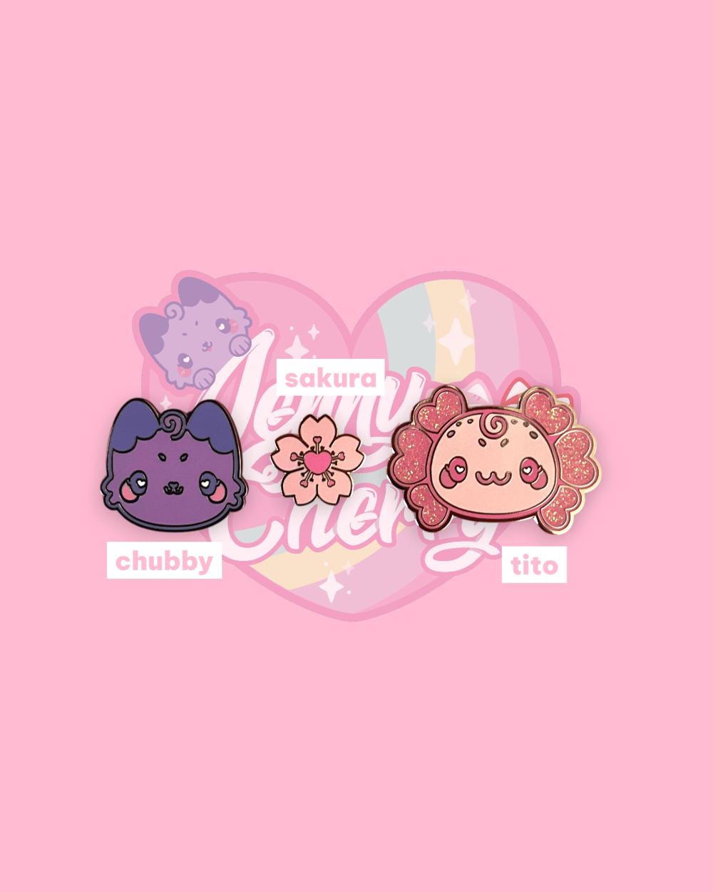 Image of Chubby Cat, Tito the Axolot & Sakura enamel pins