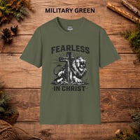 Image 4 of Fearless in Christ T-Shirt — Christian Lion Cross Faith Tee
