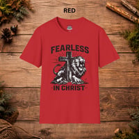 Image 6 of Fearless in Christ T-Shirt — Christian Lion Cross Faith Tee