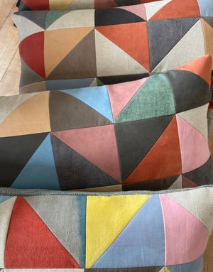 Image of Blue triangles, patchwork cushion with plant-dyed panels