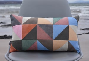 Image of Blue triangles, patchwork cushion with plant-dyed panels
