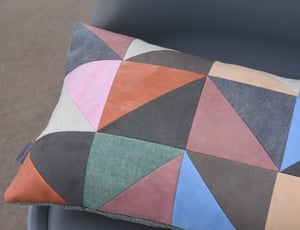 Image of Blue triangles, patchwork cushion with plant-dyed panels
