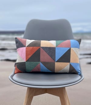 Image of Blue triangles, patchwork cushion with plant-dyed panels