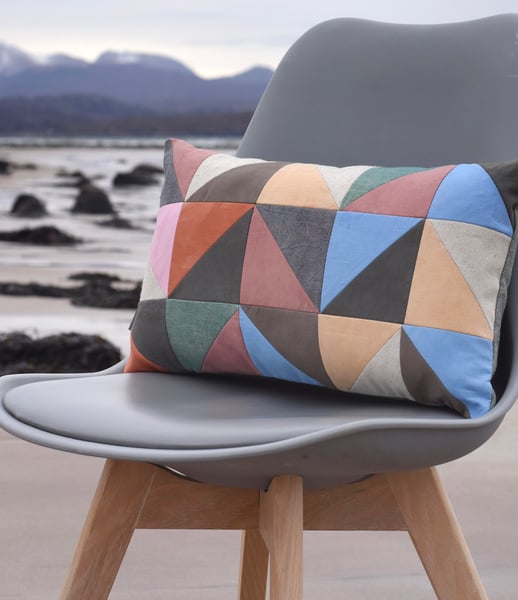 Image of Blue triangles, patchwork cushion with plant-dyed panels