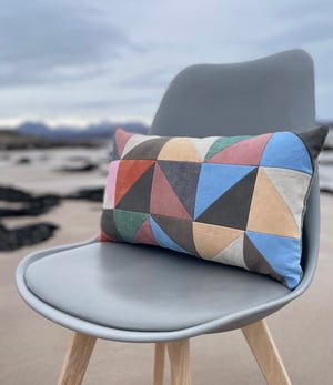 Image of Blue triangles, patchwork cushion with plant-dyed panels