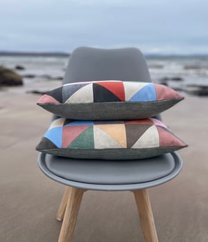 Image of Orange triangles, patchwork cushion with plant-dyed panels