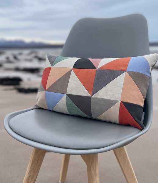 Image of Orange triangles, patchwork cushion with plant-dyed panels