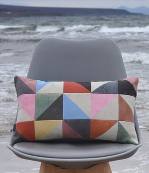 Image of Pink triangles, patchwork cushion with plant-dyed panels