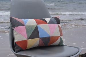 Image of Pink triangles, patchwork cushion with plant-dyed panels