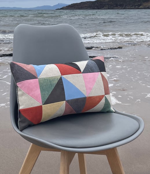 Image of Pink triangles, patchwork cushion with plant-dyed panels