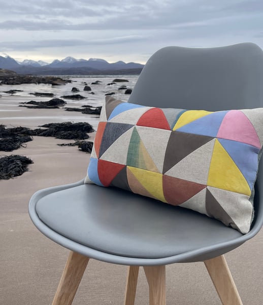 Image of Yellow triangles, patchwork cushion with plant-dyed panels