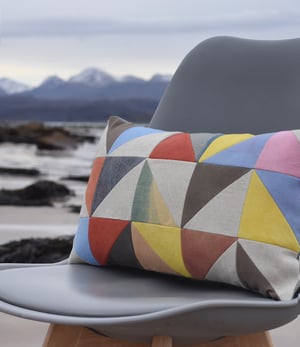 Image of Yellow triangles, patchwork cushion with plant-dyed panels