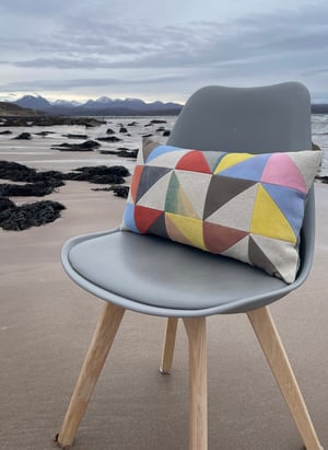 Image of Yellow triangles, patchwork cushion with plant-dyed panels