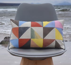 Image of Yellow triangles, patchwork cushion with plant-dyed panels