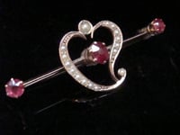 Image 1 of ORIGINAL EDWARDIAN 9CT ROSE GOLD NATURAL RUBY PEARL HEART BROOCH