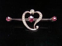 Image 2 of ORIGINAL EDWARDIAN 9CT ROSE GOLD NATURAL RUBY PEARL HEART BROOCH