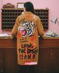 Image 1 of PLAN B ¥ DENIM COAT UPCYCLED  ¥ UNISEX ¥ VINTAGE TRENCHCOAT ¥ IBIZA¥ HANDPAINTED