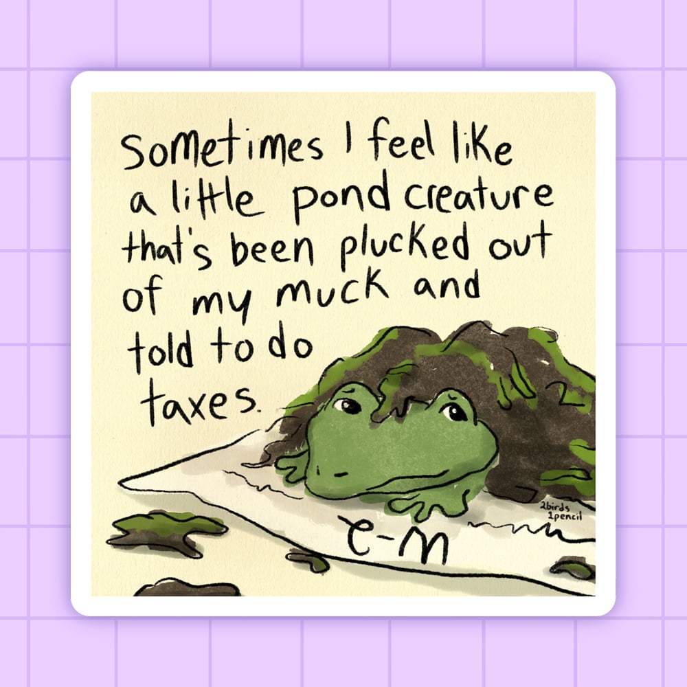 Image of Frog doing taxes vinyl sticker