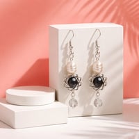 BLACK GLASS BEAD WITH IMITATION PEARL BEAD WITH SILVER SURROUND AND A CLEAR GLASS BEAD 