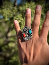 Turquoise and coral with silver floral daisy  ring