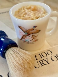 Image 1 of Palo Santo Tallow Shaving Soap Set in Vintage Fire King Quail “Game Birds” Milk Glass  