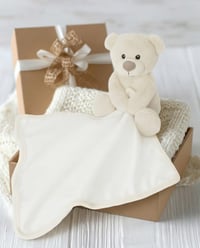 Image 1 of Personalised Baby Comforter Bear, Custom Birth Announcement Gift, Embroidered Teddy Comfort Blanket,