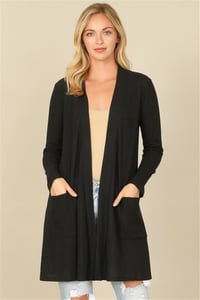 BRUSHED WAFFLE LONG SLEEVE SIDE POCKET OPEN FRONT CARDIGAN