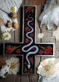 Image 1 of Snake Skeleton and Red Floral Wall Cross