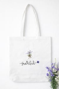 Image 1 of Grateful Embroidered White Tote Bag – 100% Cotton (13.5" x 13.5" x 3")