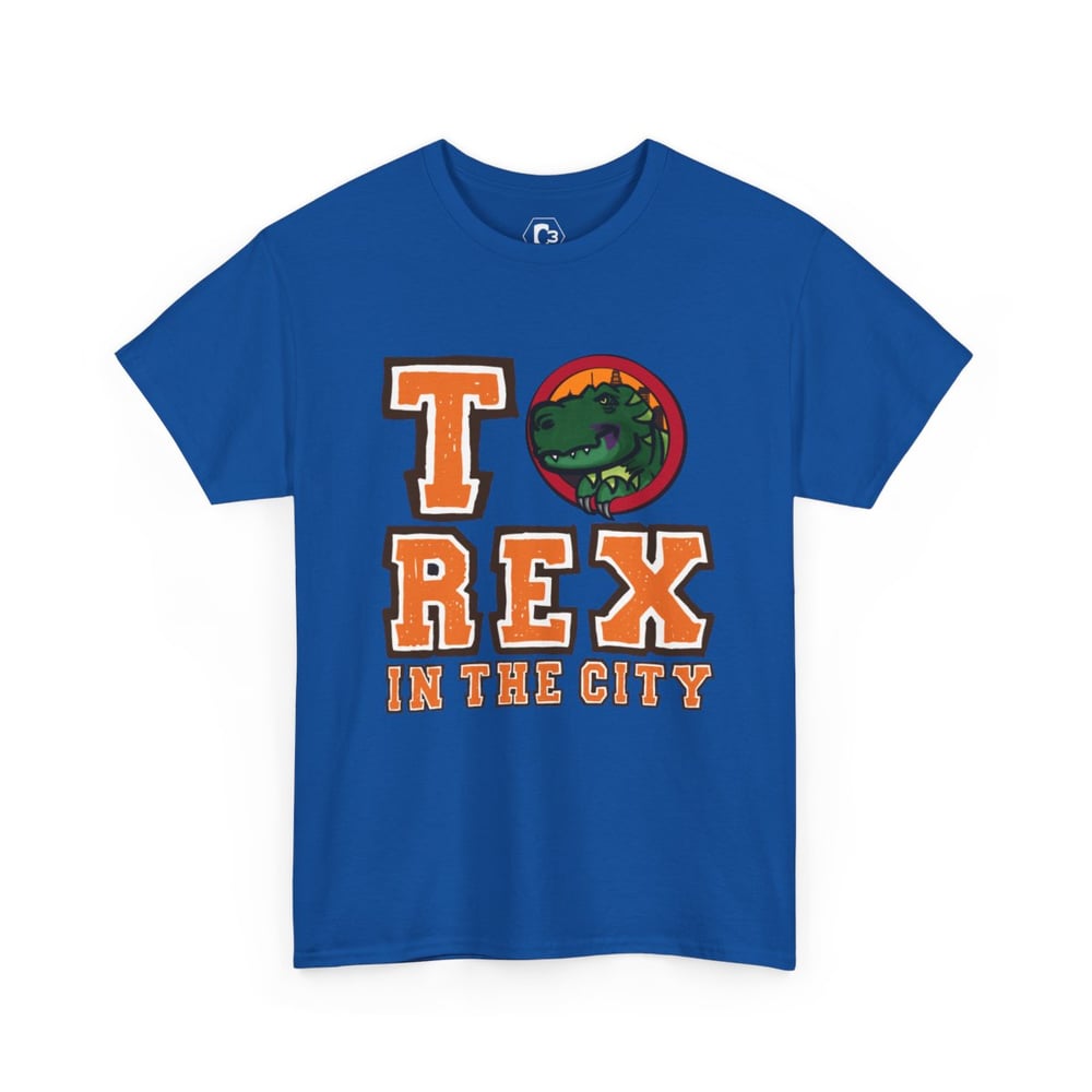 Image of "T-REX IN THE CITY" a funny Dinosaur theme T-shirt 