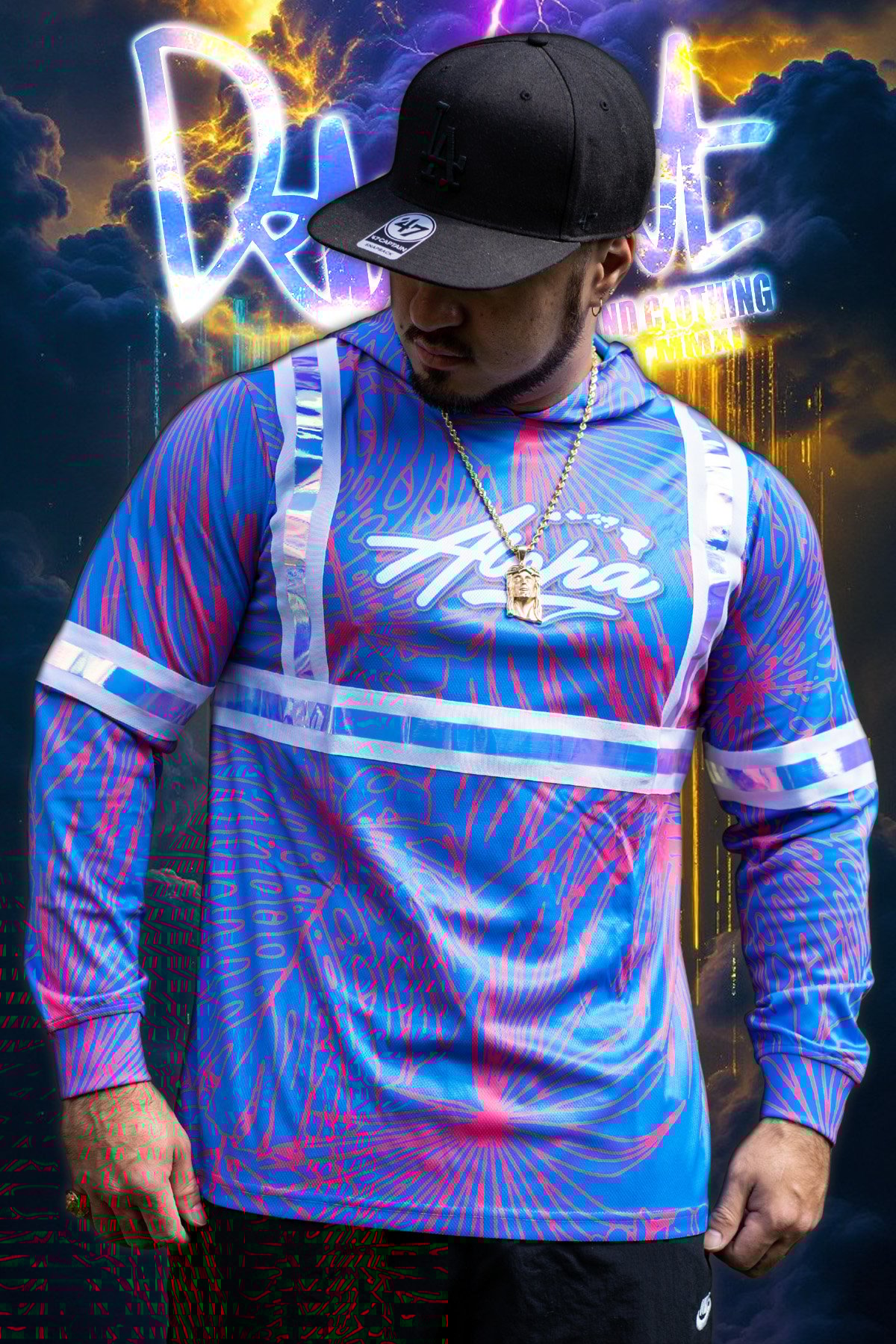 Hooded Longsleeve - Aloha Islands Blue/Pink Tropix High Viz.