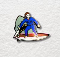 Image 1 of Michael Myers Surfing with JAWS Enamel Pin 