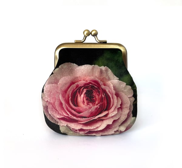 Image of Winter rose, velvet kisslock coin purse with silk plant-dyed lining
