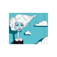 Image 1 of Head in the Clouds — Retro Surreal Portrait with Quote "How Do I Get the Moon to Notice Me Back"