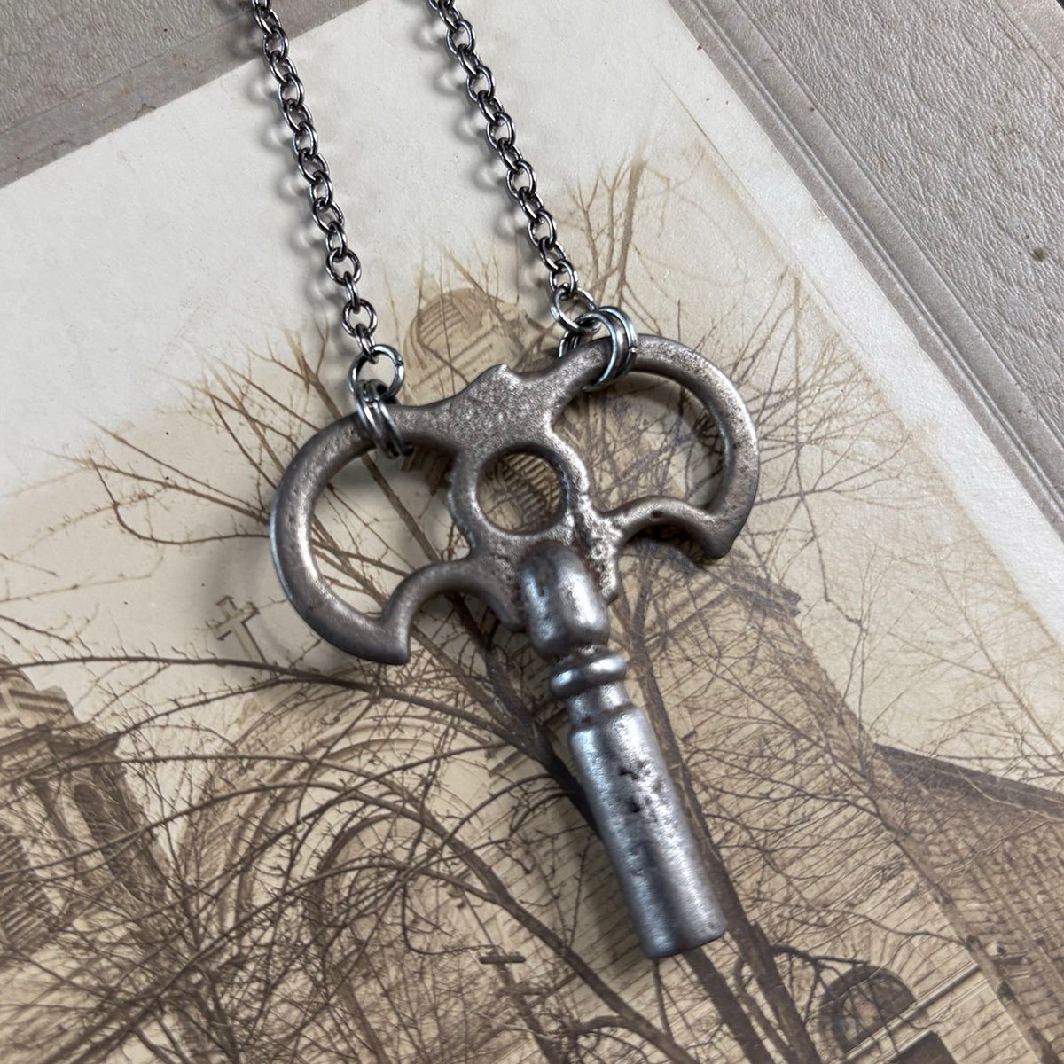 Bat Wing Clock Key Necklace