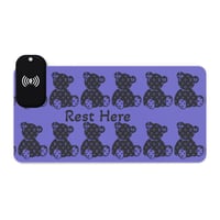 Image 1 of LED Wireless Charging Gaming Mouse Pad — 'Rest Here' Purple Teddy Bear Design