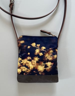 Image of Acacia blossom, crossbody velvet and waxed canvas phone bag