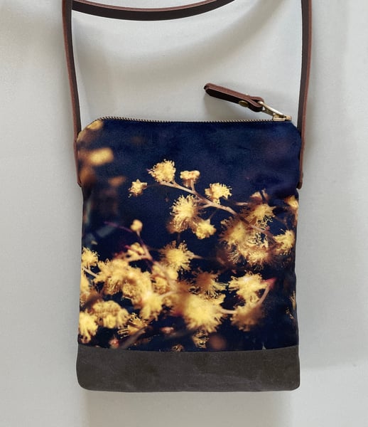 Image of Acacia blossom, crossbody velvet and waxed canvas phone bag