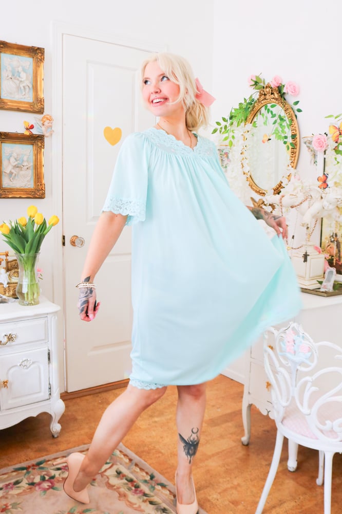 Image of Vintage 1980s Shadowline Pastel Blue Nightgown with Pink Embroidered Roses (Medium)