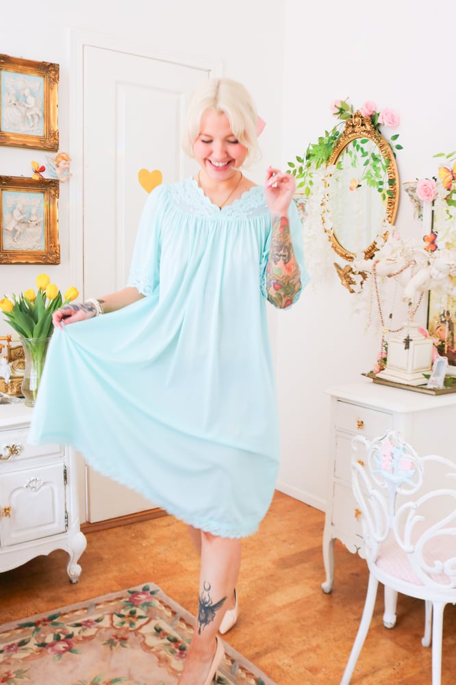 Image of Vintage 1980s Shadowline Pastel Blue Nightgown with Pink Embroidered Roses (Medium)