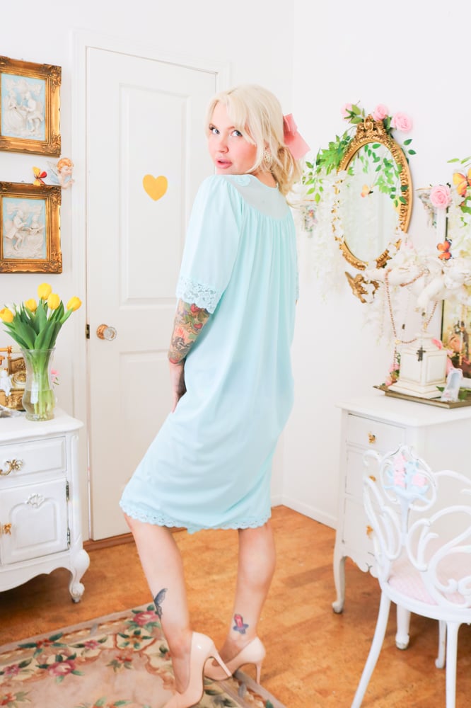 Image of Vintage 1980s Shadowline Pastel Blue Nightgown with Pink Embroidered Roses (Medium)