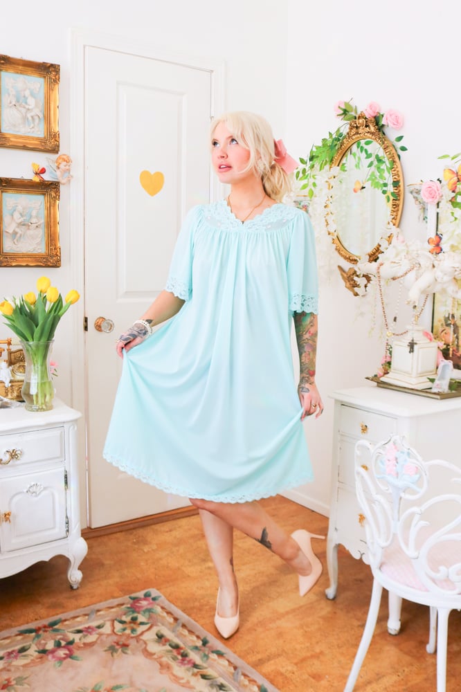 Image of Vintage 1980s Shadowline Pastel Blue Nightgown with Pink Embroidered Roses (Medium)