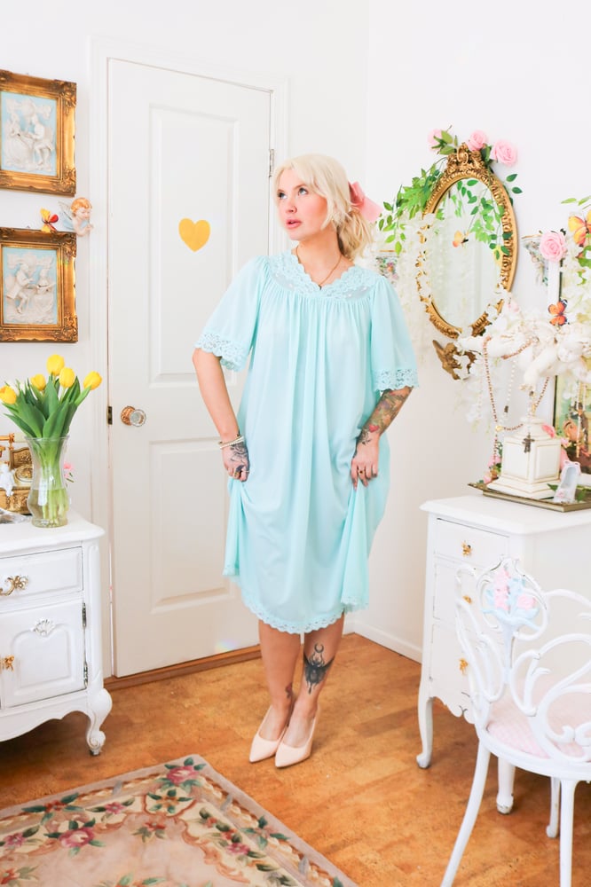 Image of Vintage 1980s Shadowline Pastel Blue Nightgown with Pink Embroidered Roses (Medium)