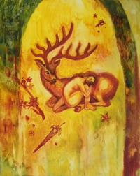 Woman with Stag and Flowers in Amber