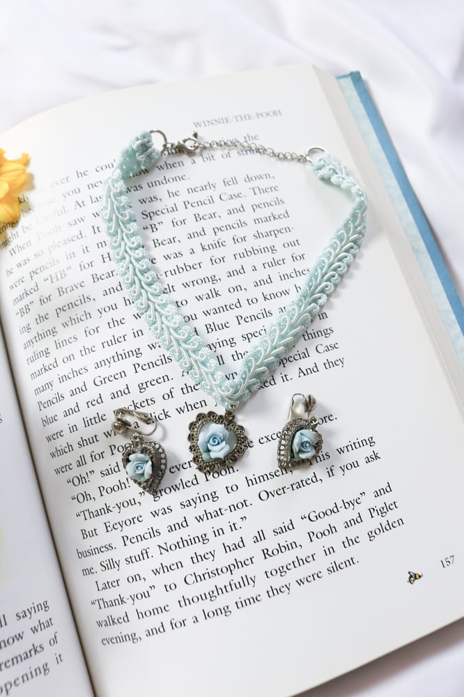 Image of Vintage Cinderella Style Three Piece Blue Rose Jewelry Set